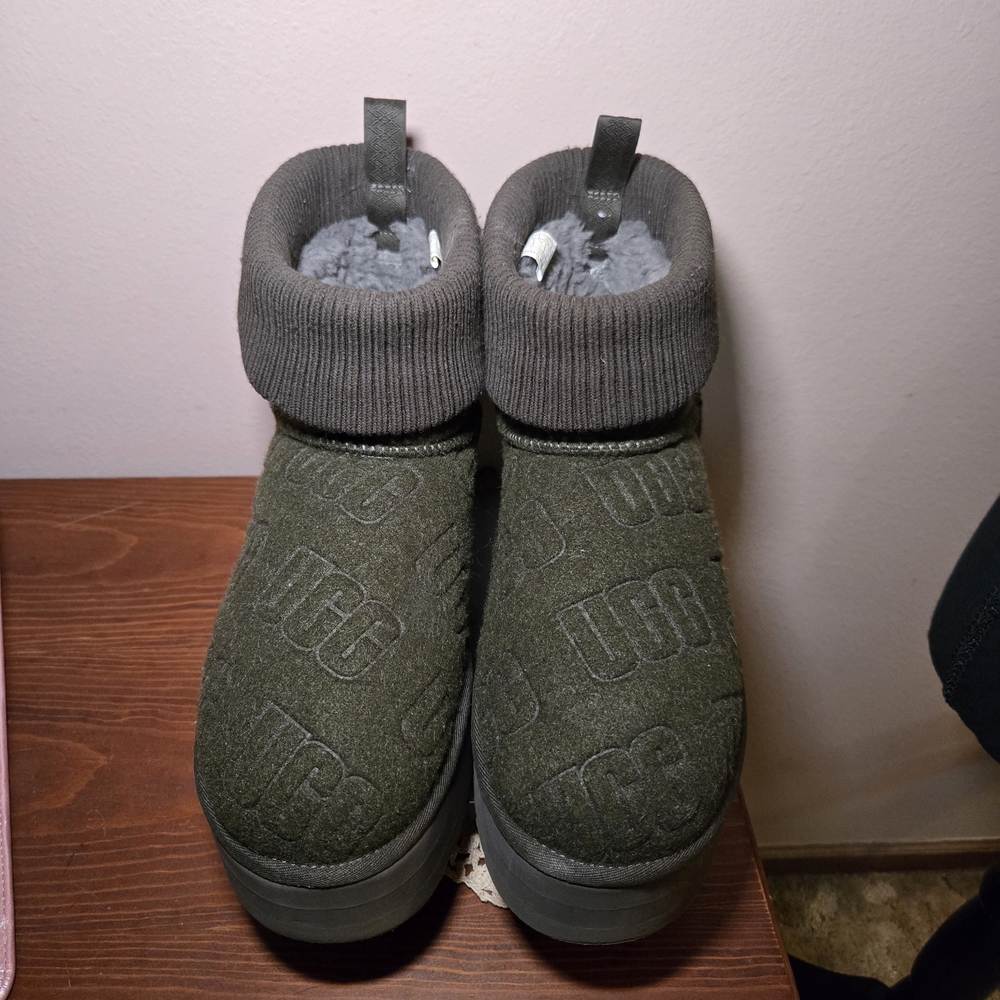 UGG Green Felt Ankle Boots embossed with the Name UGG